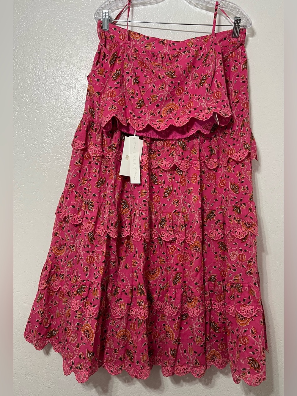 NWT Caroline Constas Pink Floral Cotton 2-Piece Set Crop Top Tiered Midi Skirt - Picture 3 of 17